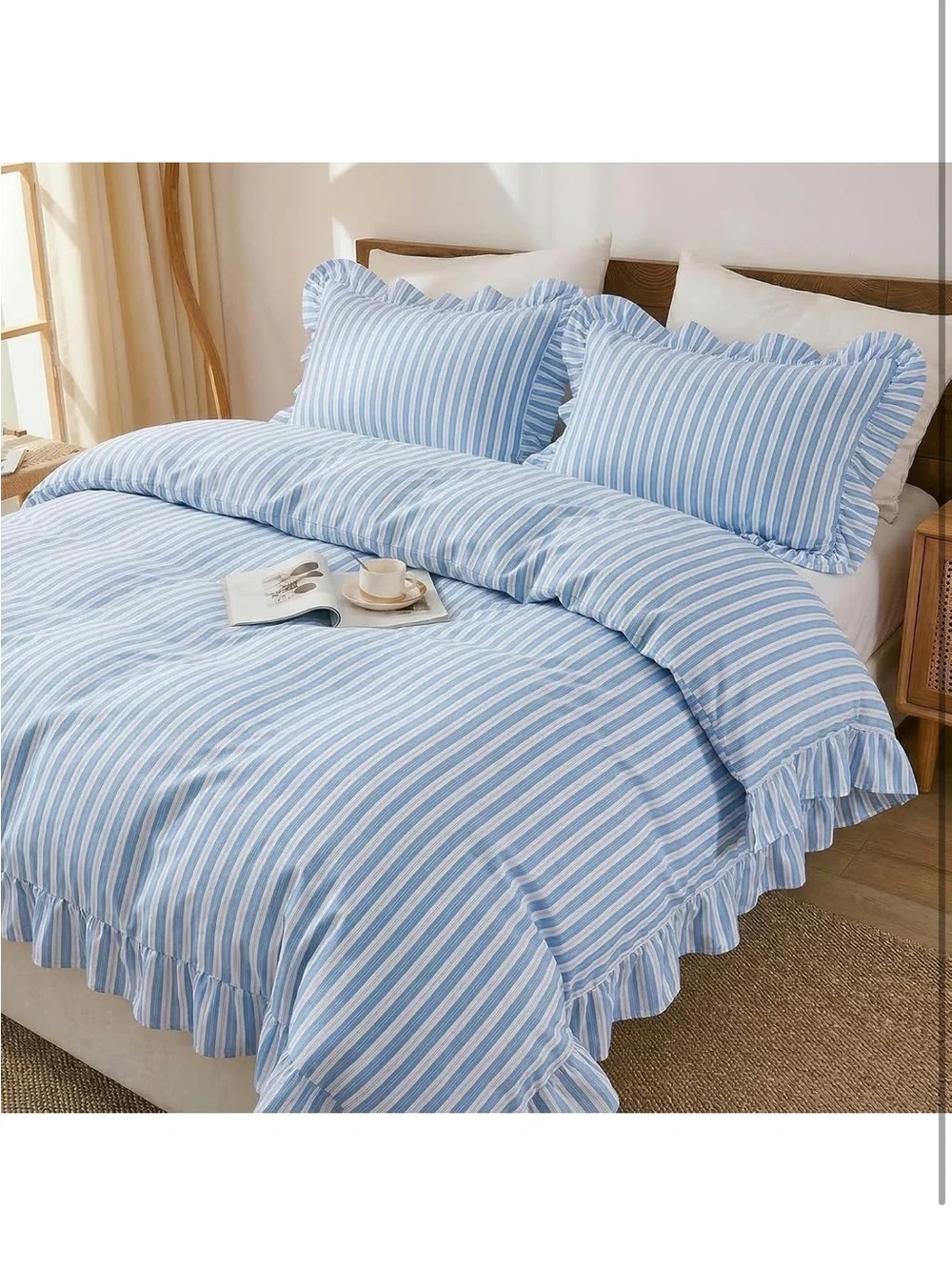 NEW Merryword 100% Cotton Blue/White Striped Duvet Cover Set Queen. Ruffle Trim